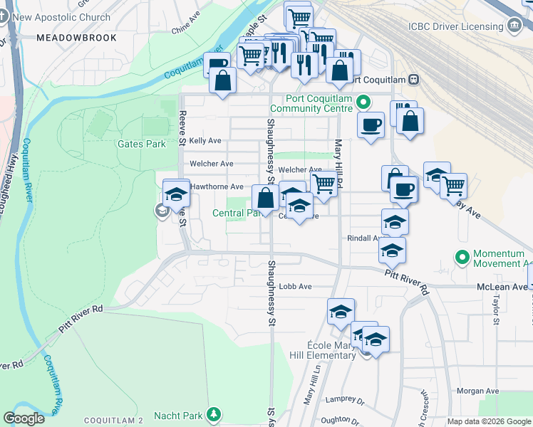 map of restaurants, bars, coffee shops, grocery stores, and more near 2169 Shaughnessy Street in Port Coquitlam