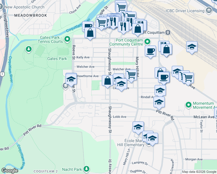 map of restaurants, bars, coffee shops, grocery stores, and more near 2191 Shaughnessy Street in Port Coquitlam