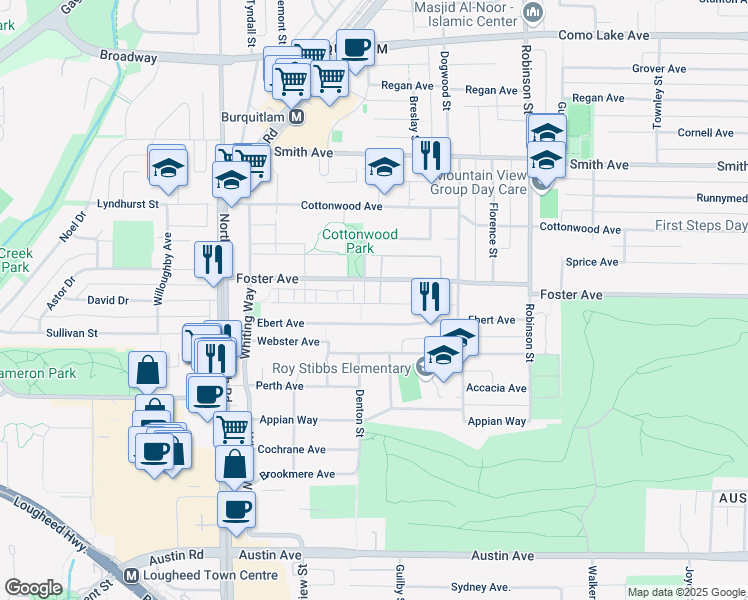 map of restaurants, bars, coffee shops, grocery stores, and more near 637 Aspen Street in Coquitlam