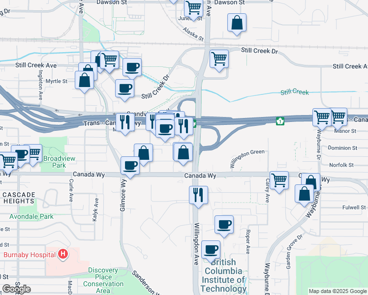 map of restaurants, bars, coffee shops, grocery stores, and more near 4400 Dominion Street in Burnaby