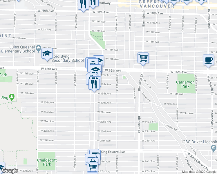 map of restaurants, bars, coffee shops, grocery stores, and more near in Vancouver