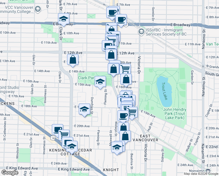 map of restaurants, bars, coffee shops, grocery stores, and more near 1672 East 15th Avenue in Vancouver