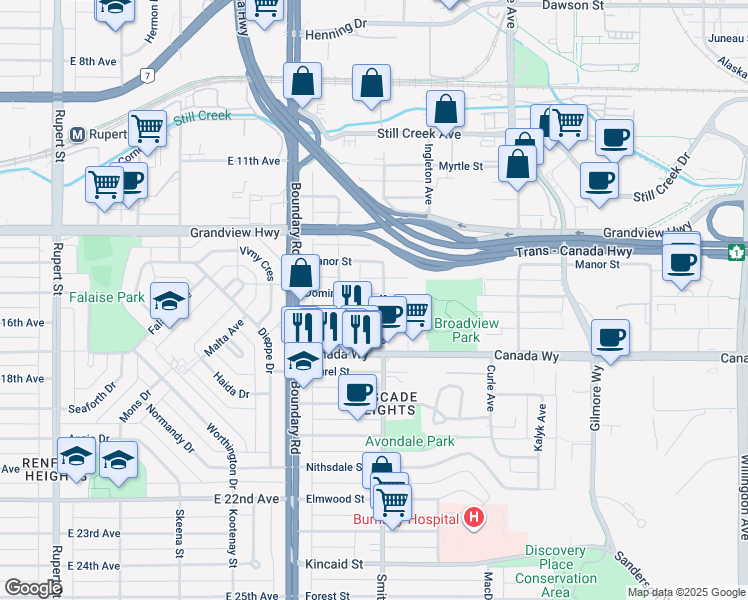 map of restaurants, bars, coffee shops, grocery stores, and more near 3139 Smith Avenue in Burnaby