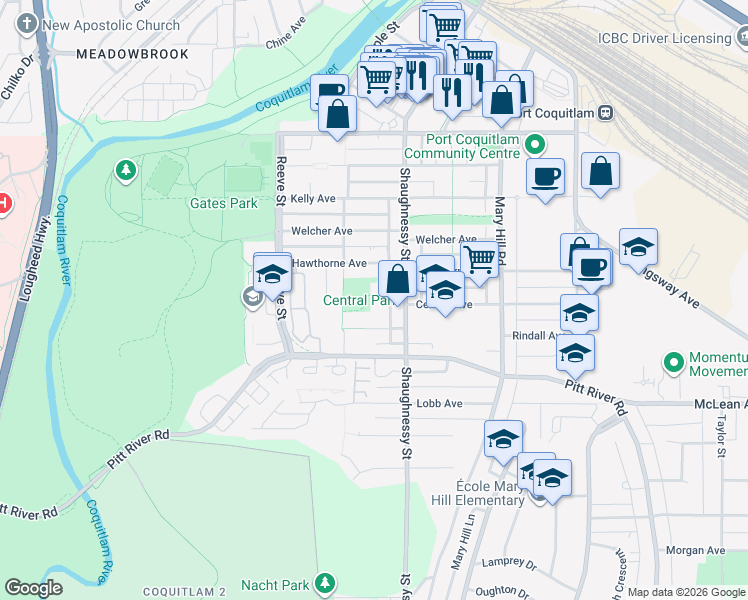 map of restaurants, bars, coffee shops, grocery stores, and more near 2356 Central Avenue in Port Coquitlam