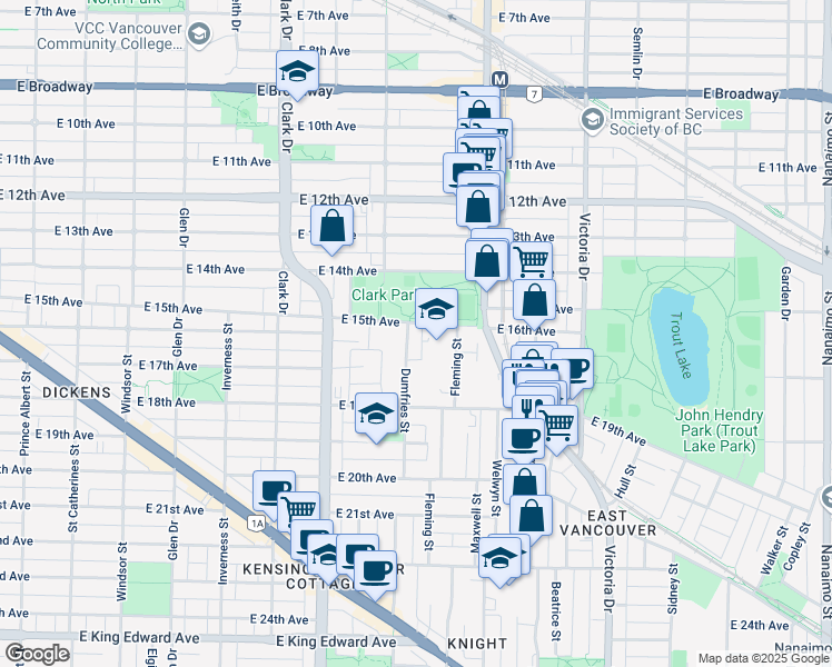 map of restaurants, bars, coffee shops, grocery stores, and more near 3282 Dumfries Street in Vancouver