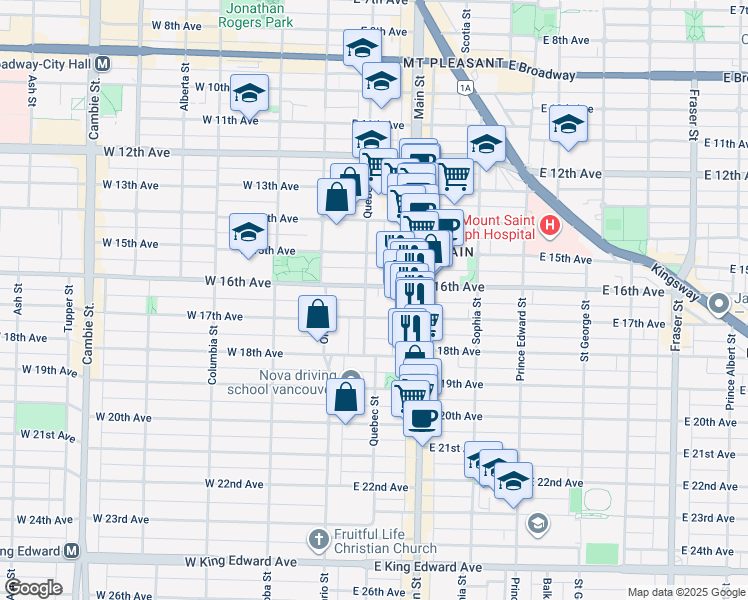 map of restaurants, bars, coffee shops, grocery stores, and more near 3238 Quebec Street in Vancouver