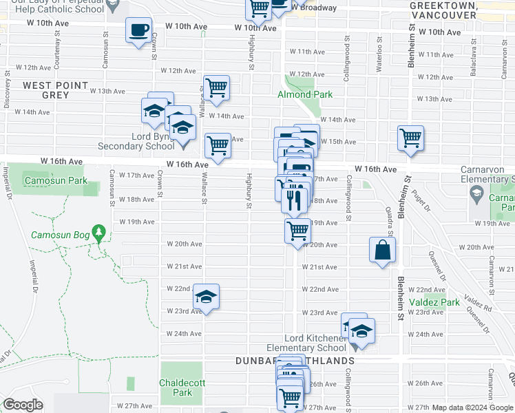 map of restaurants, bars, coffee shops, grocery stores, and more near 3768 West 18th Avenue in Vancouver