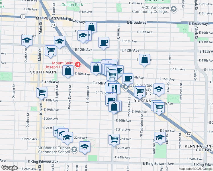 map of restaurants, bars, coffee shops, grocery stores, and more near 688 East 16th Avenue in Vancouver