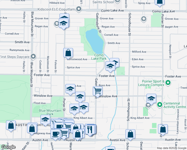 map of restaurants, bars, coffee shops, grocery stores, and more near 1225 Foster Avenue in Coquitlam
