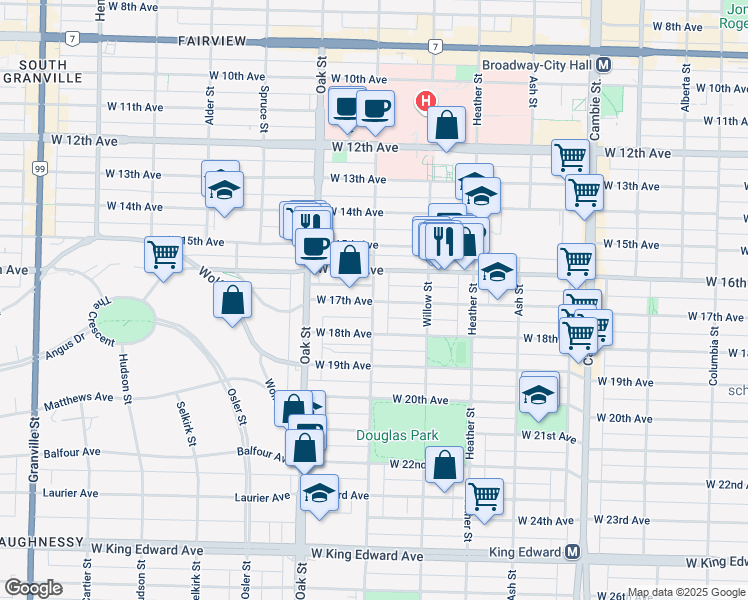 map of restaurants, bars, coffee shops, grocery stores, and more near 3292 Laurel Street in Vancouver
