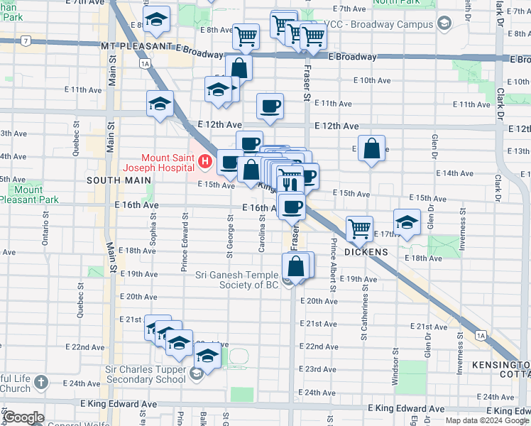 map of restaurants, bars, coffee shops, grocery stores, and more near 3206 Carolina Street in Vancouver