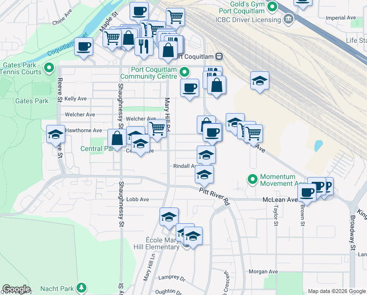 map of restaurants, bars, coffee shops, grocery stores, and more near 2167 Central Avenue in Port Coquitlam