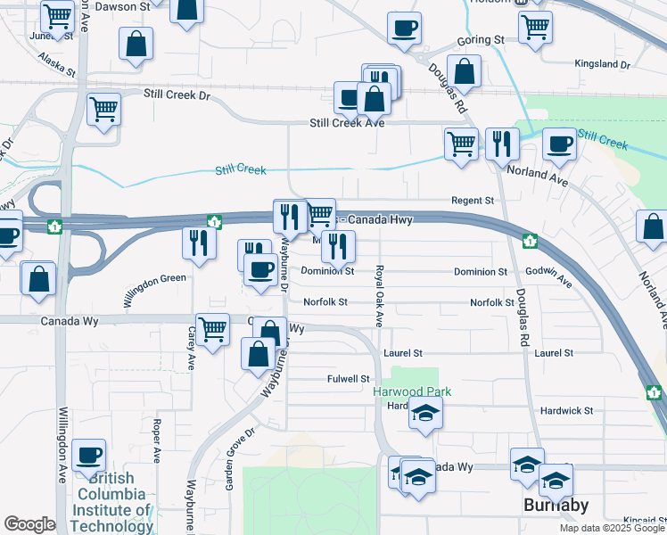 map of restaurants, bars, coffee shops, grocery stores, and more near 5057 Dominion Street in Burnaby