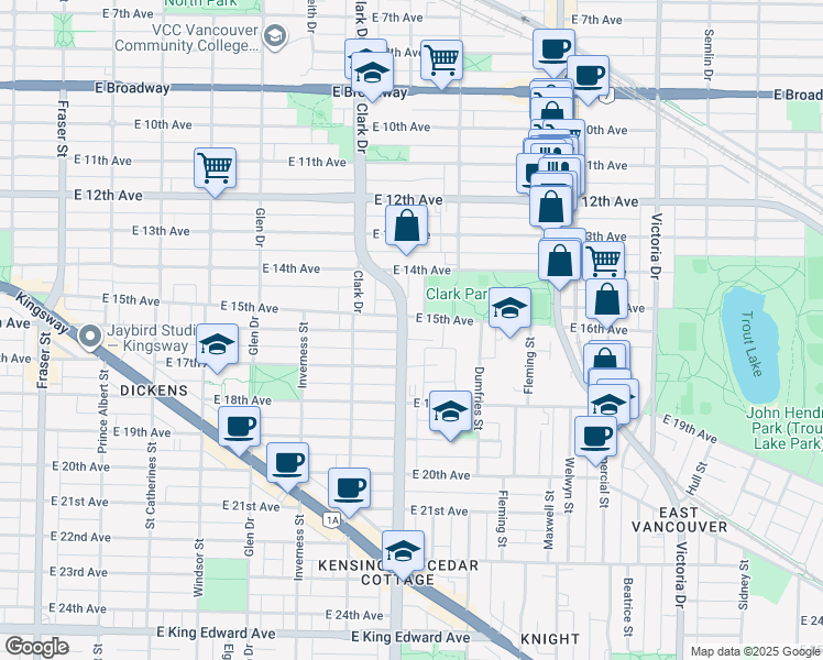 map of restaurants, bars, coffee shops, grocery stores, and more near 1408 East 15th Avenue in Vancouver