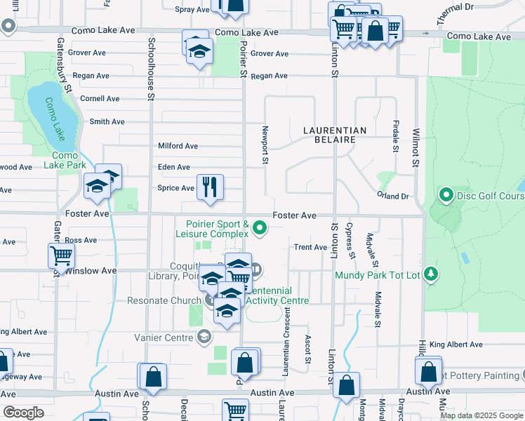 map of restaurants, bars, coffee shops, grocery stores, and more near 1729 Foster Avenue in Coquitlam