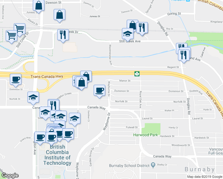 map of restaurants, bars, coffee shops, grocery stores, and more near 4711 Dominion Street in Burnaby