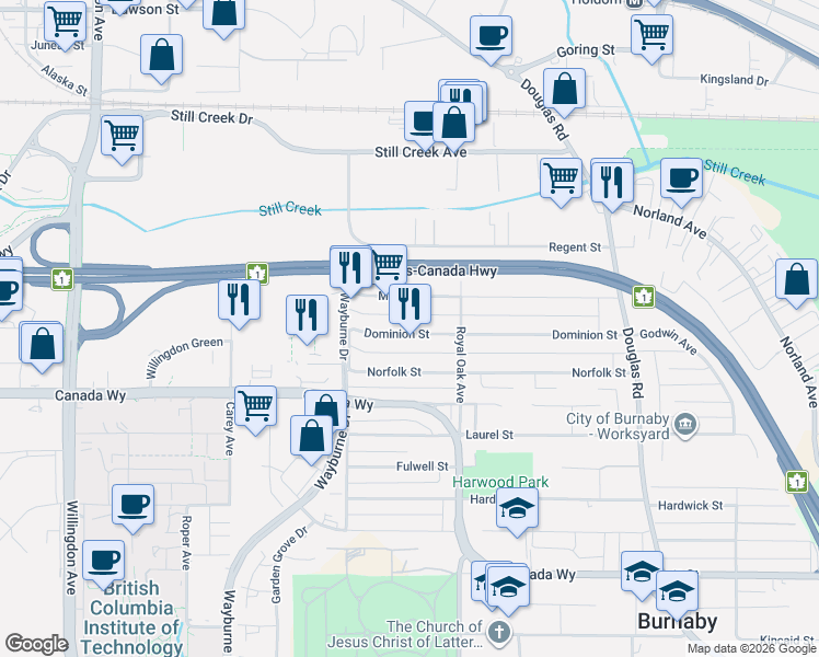 map of restaurants, bars, coffee shops, grocery stores, and more near 5065 Dominion Street in Burnaby