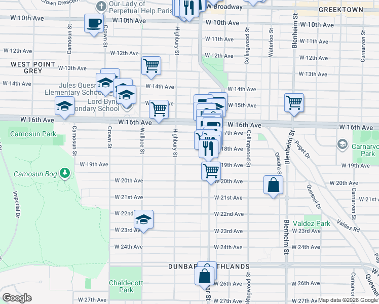 map of restaurants, bars, coffee shops, grocery stores, and more near 3708 West 18th Avenue in Vancouver
