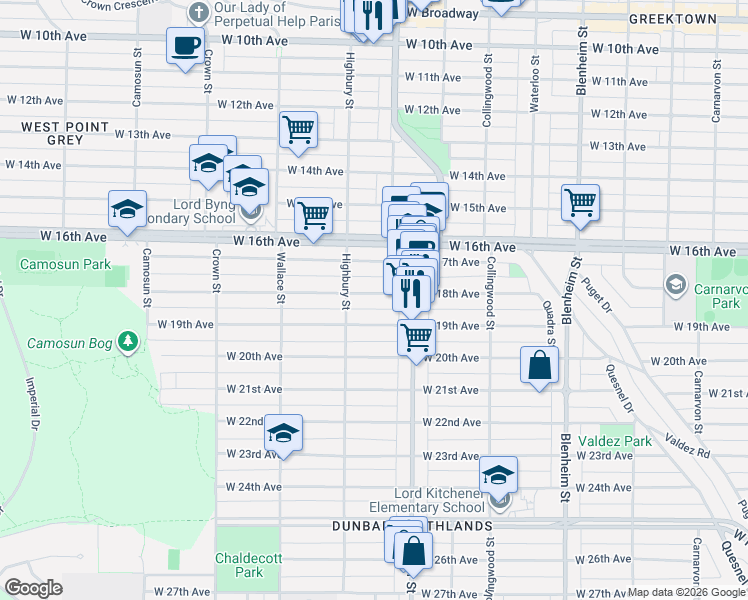 map of restaurants, bars, coffee shops, grocery stores, and more near 3708 West 18th Avenue in Vancouver