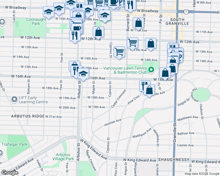 map of restaurants, bars, coffee shops, grocery stores, and more near 3335 Cypress Street in Vancouver