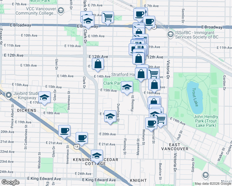 map of restaurants, bars, coffee shops, grocery stores, and more near 1490 East 15th Avenue in Vancouver