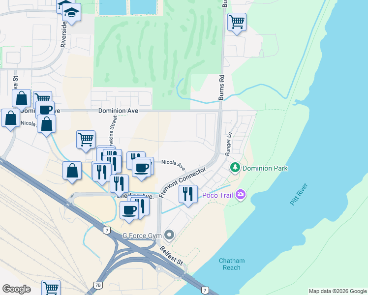 map of restaurants, bars, coffee shops, grocery stores, and more near 580 Seaborne Avenue in Port Coquitlam
