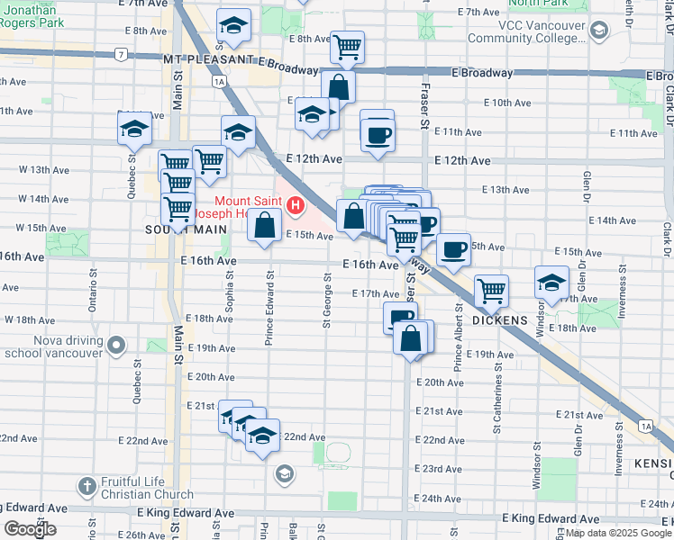map of restaurants, bars, coffee shops, grocery stores, and more near 518 East 16th Avenue in Vancouver