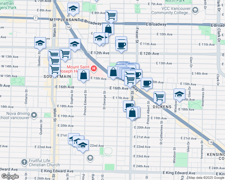 map of restaurants, bars, coffee shops, grocery stores, and more near 552 East 16th Avenue in Vancouver