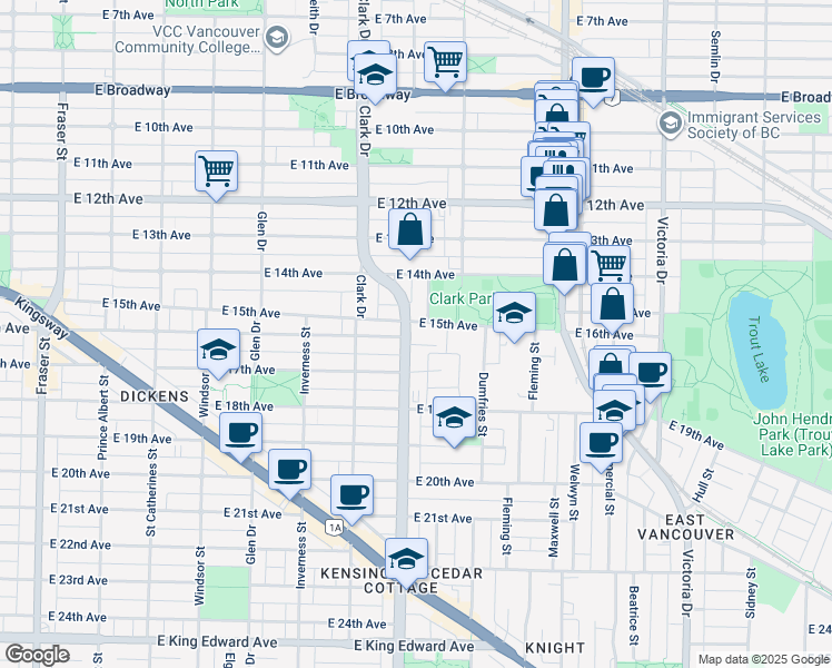 map of restaurants, bars, coffee shops, grocery stores, and more near in Vancouver