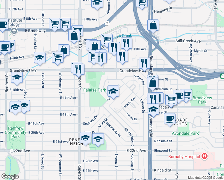 map of restaurants, bars, coffee shops, grocery stores, and more near 59 Falaise Place in Vancouver