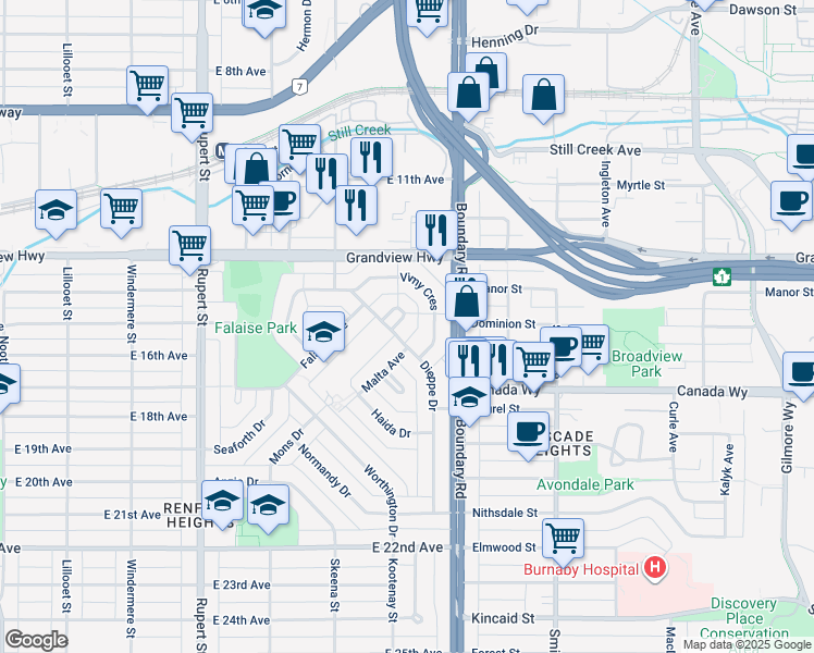 map of restaurants, bars, coffee shops, grocery stores, and more near 50 Dieppe Place in Vancouver