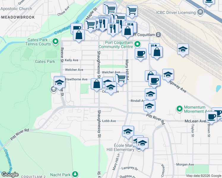 map of restaurants, bars, coffee shops, grocery stores, and more near 2259 Central Avenue in Port Coquitlam