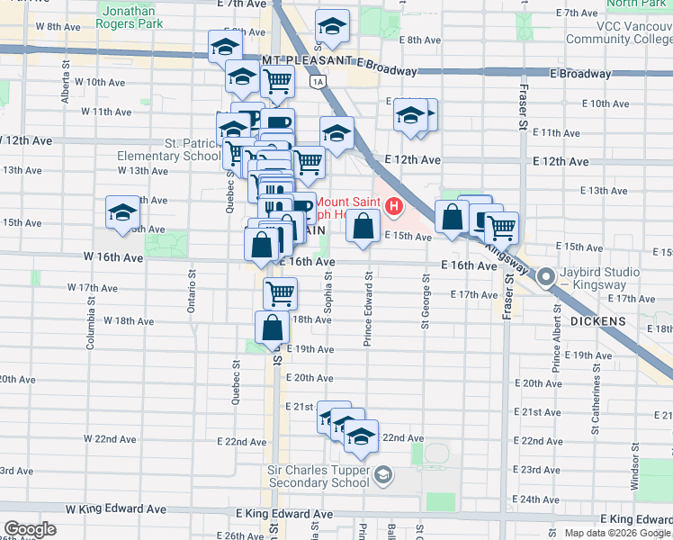 map of restaurants, bars, coffee shops, grocery stores, and more near 310 East 16th Avenue in Vancouver