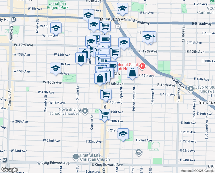 map of restaurants, bars, coffee shops, grocery stores, and more near 234 East 15th Avenue in Vancouver