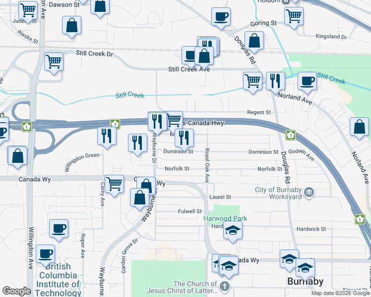 map of restaurants, bars, coffee shops, grocery stores, and more near 5087 Dominion Street in Burnaby