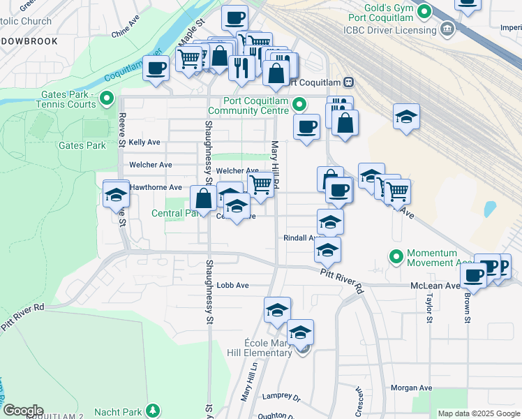 map of restaurants, bars, coffee shops, grocery stores, and more near 2219 Central Avenue in Port Coquitlam