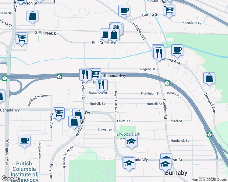 map of restaurants, bars, coffee shops, grocery stores, and more near 5193 Dominion Street in Burnaby