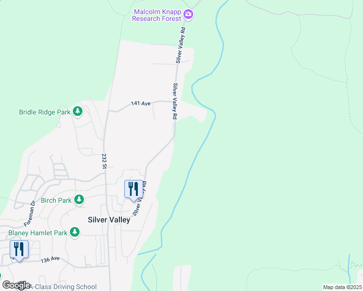 map of restaurants, bars, coffee shops, grocery stores, and more near 14050 Silver Valley Road in Maple Ridge