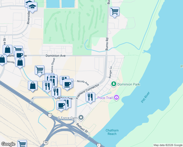 map of restaurants, bars, coffee shops, grocery stores, and more near 580 Seaborne Avenue in Port Coquitlam