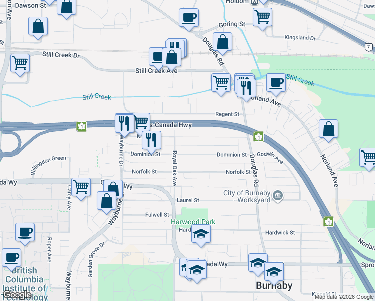 map of restaurants, bars, coffee shops, grocery stores, and more near 5269 Dominion Street in Burnaby