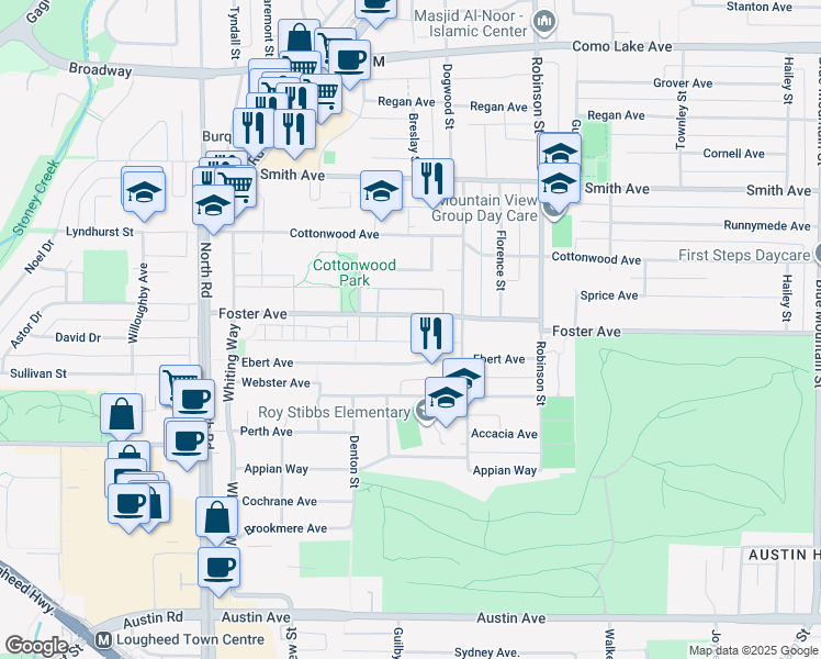 map of restaurants, bars, coffee shops, grocery stores, and more near 606 Foster Avenue in Coquitlam