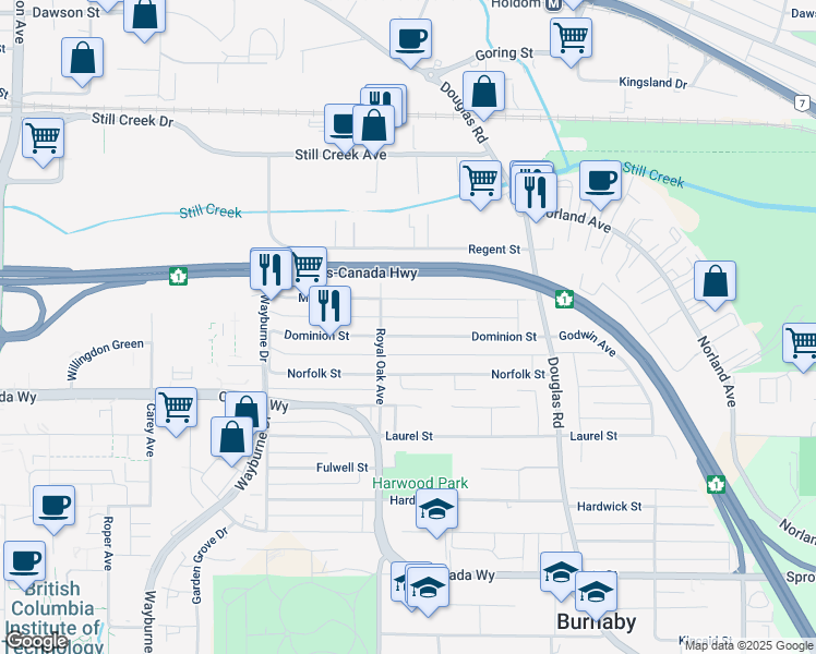 map of restaurants, bars, coffee shops, grocery stores, and more near 5269 Dominion Street in Burnaby