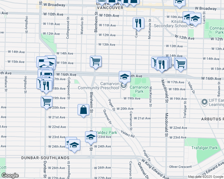 map of restaurants, bars, coffee shops, grocery stores, and more near 3192 West 18th Avenue in Vancouver