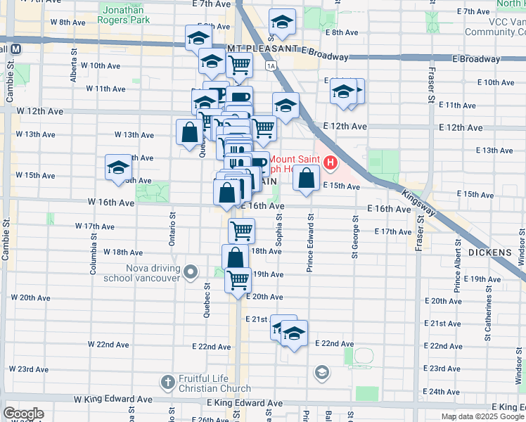 map of restaurants, bars, coffee shops, grocery stores, and more near 256 East 16th Avenue in Vancouver
