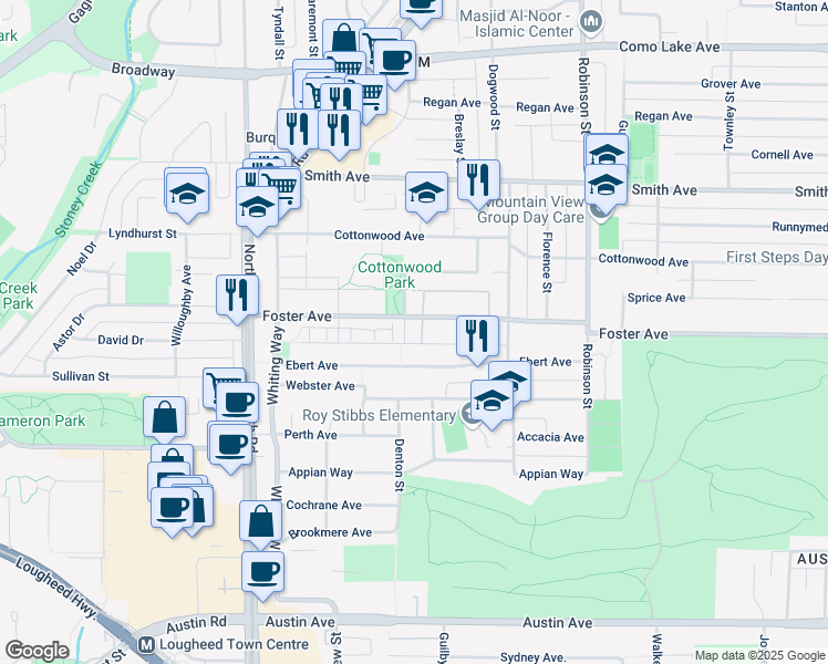 map of restaurants, bars, coffee shops, grocery stores, and more near 575 Foster Avenue in Coquitlam