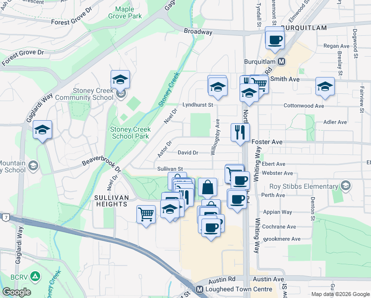 map of restaurants, bars, coffee shops, grocery stores, and more near 9645 David Drive in Burnaby