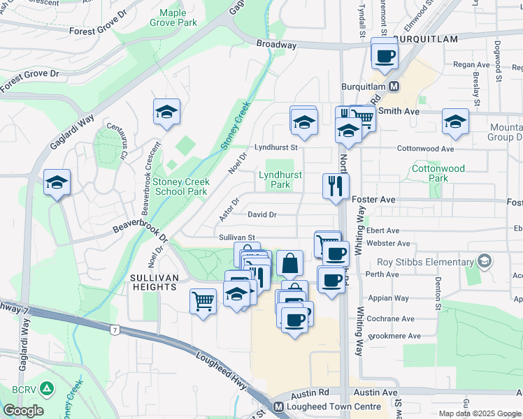 map of restaurants, bars, coffee shops, grocery stores, and more near 9655 David Drive in Burnaby