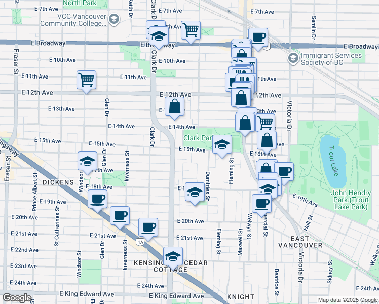 map of restaurants, bars, coffee shops, grocery stores, and more near 1446 East 15th Avenue in Vancouver
