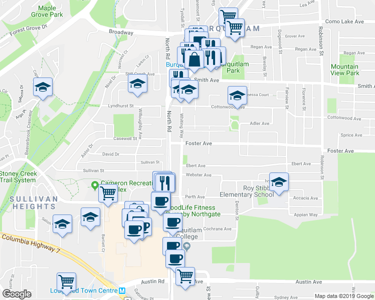 map of restaurants, bars, coffee shops, grocery stores, and more near in Coquitlam