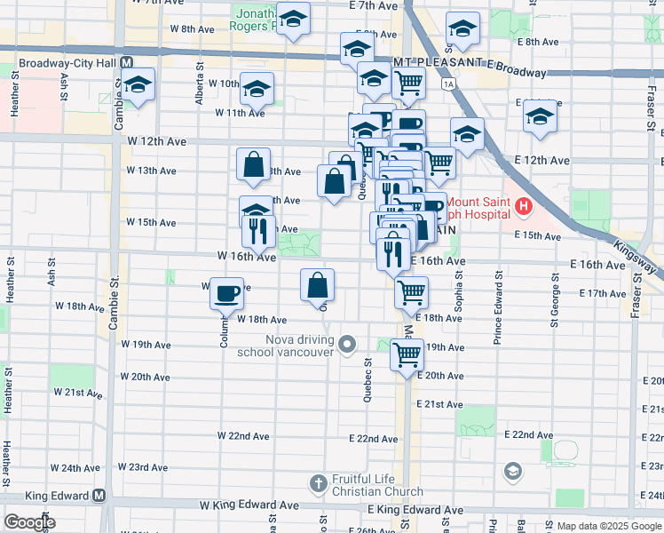 map of restaurants, bars, coffee shops, grocery stores, and more near 30 East 16th Avenue in Vancouver